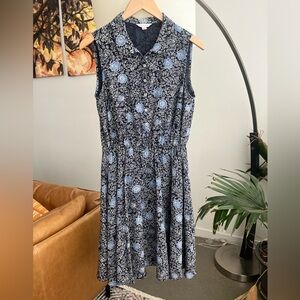 Garnet Hill Blue Floral Print Silk Sleeveless Collared Dress